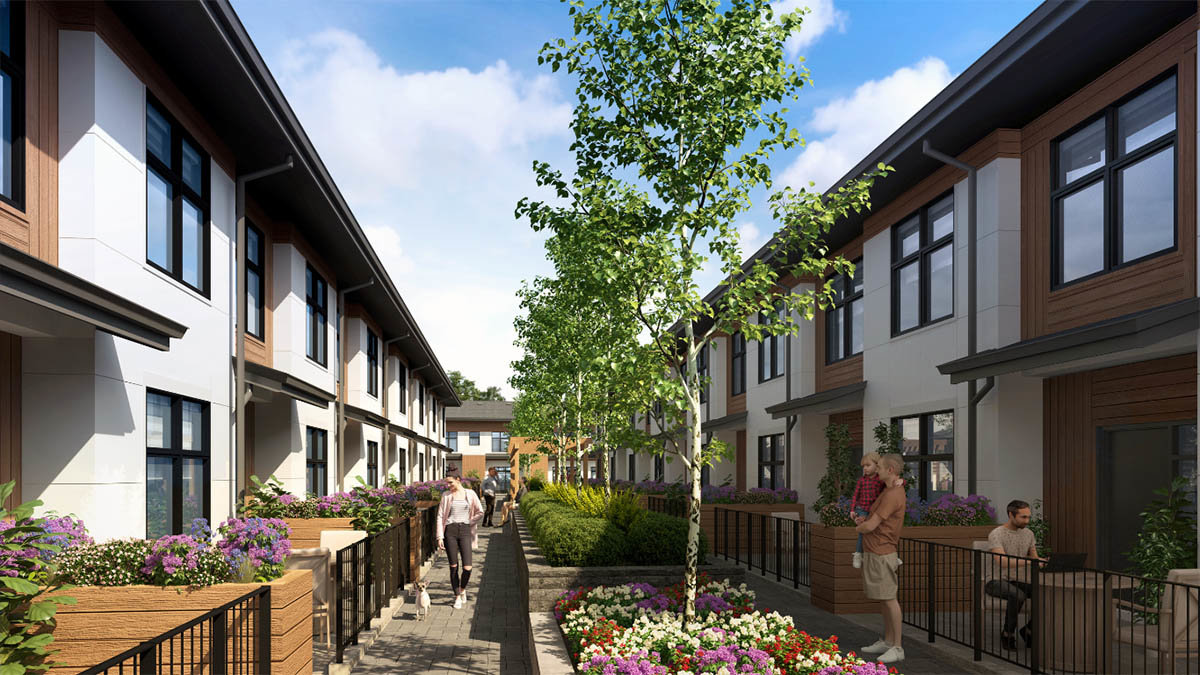Sonoma at Belmont townhome community in SW Calgary, a family of buildings with private patios in a vibrant community